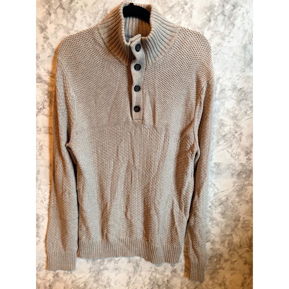 Banana Republic Men Beige‎ Textured Knit Mock Neck Button Pullover Sweater L NWT